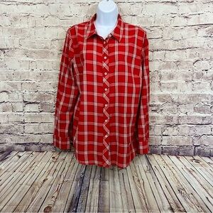 Talbots Red Check Button Front Long Sleeve Shirt